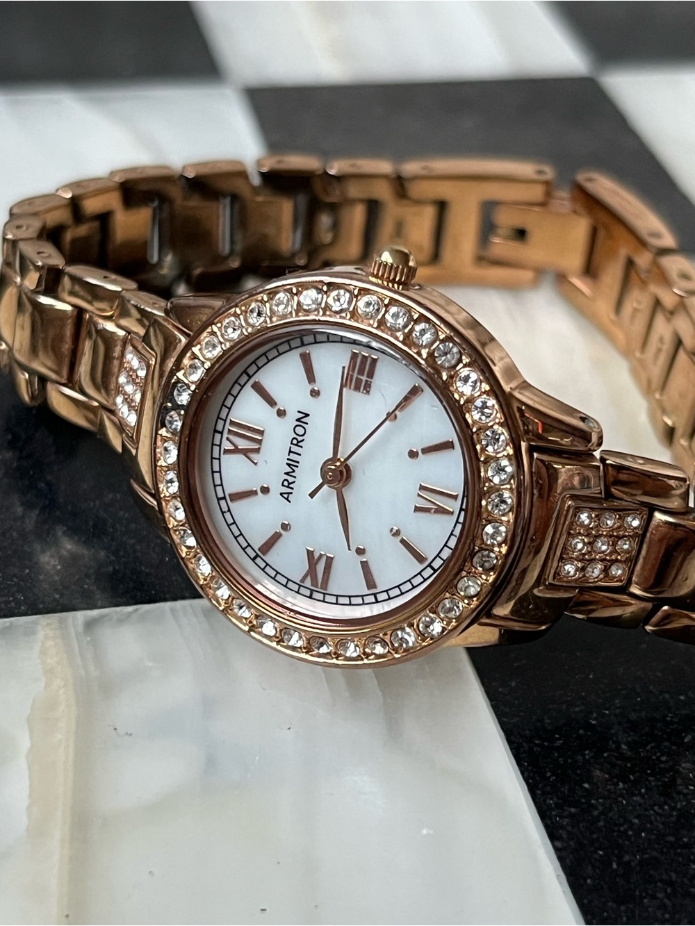Armitron Womens Watch 26mm MOP Dial Crystals Gold Tone 75/5699RG 6.5”